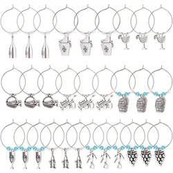 240Pcs Tibetan Style Alloy Wine Glass Charms Wine Bottle Theme Markers Tags with Hoop Earing Findings and Beads for Party