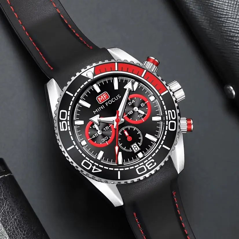 

MINI FOCUS Sport Watch for Men Silicone Strap Chronograph Quartz Wristwatch Complete Calendar Display Luminous Hands reloj 0426G