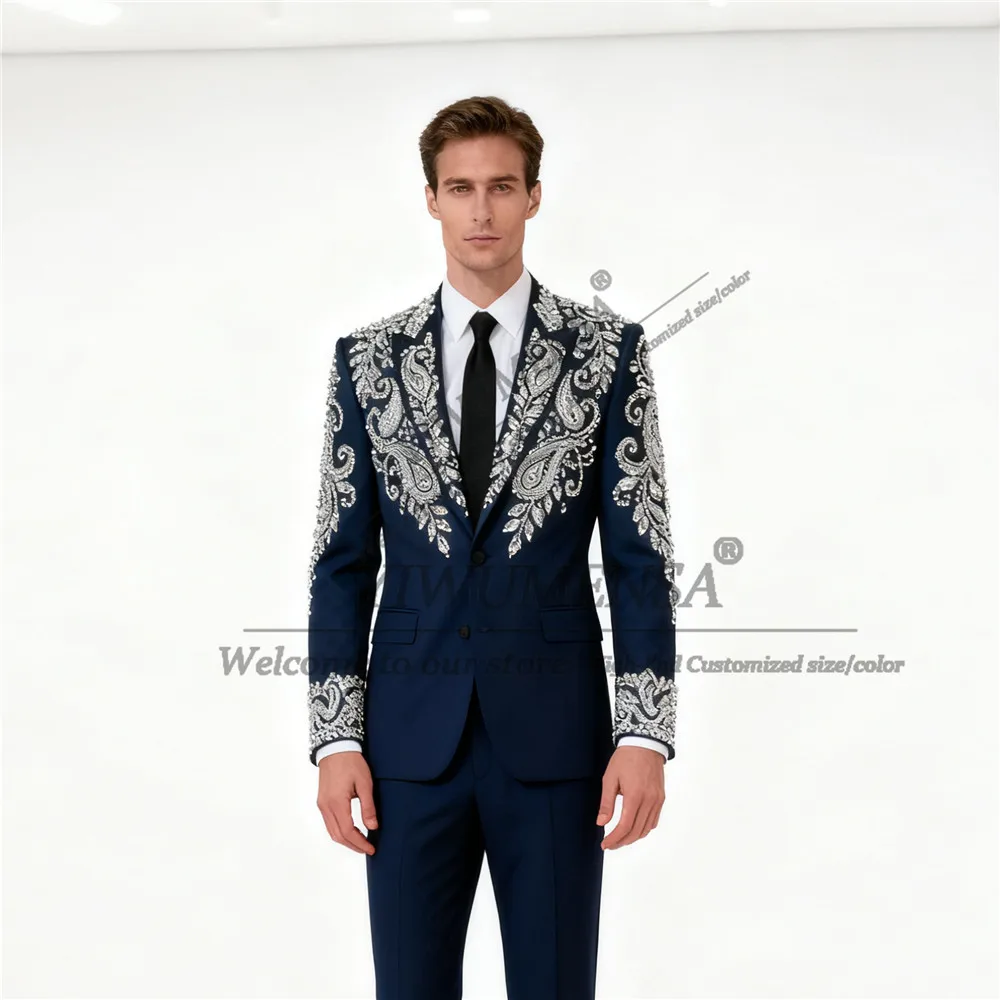 

Glitter Crystal Beaded Suit Men For Wedding 2 Piece Set Single Breasted Jacket Pants Customized Ropa Hombre Banquet Groom Tuxedo