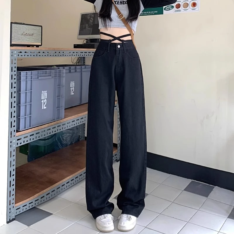 Niche design sense tie straight jeans female spring and fall new high-waisted loose thin versatile wide-leg pants tide