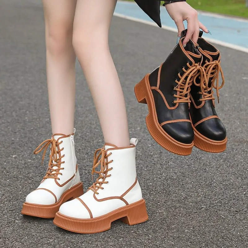 

Platform Heel Mid Calf Boots Fashion Ladies Knight Boots 2025 New Autumn Winter Elegant Women's Thick Bottom Shoes Short Boots