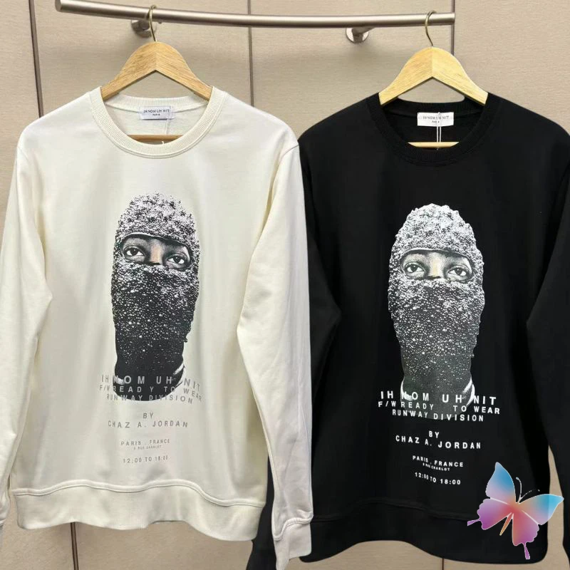 

Black White Couple IHNOMUHNIT Sweatshirts Cotton Diamond Mask Portrait Print Round Neck Pullover Casual Loose Sweater Men Women