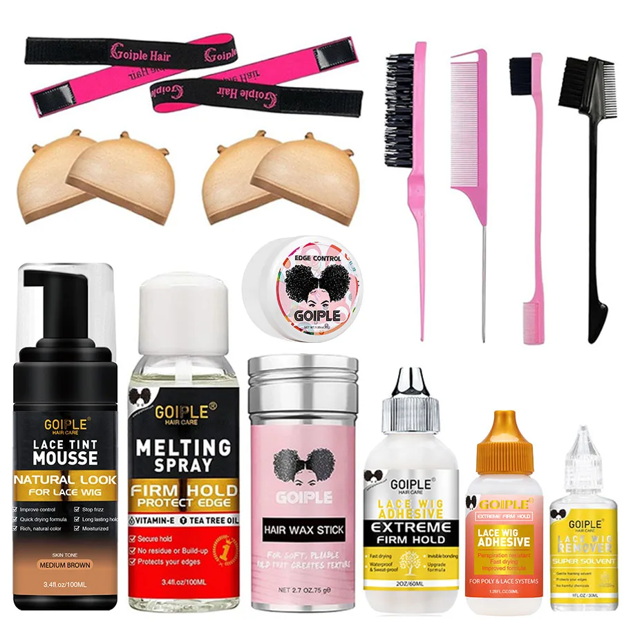 Juego de pegamento de encaje resistente al agua, tinte de encaje, espuma, tinte, Mousse, Spray de fusión, adhesivo de sujeción Extra, pegamento para peluca frontal, barra de cera para el cabello, Control de bordes