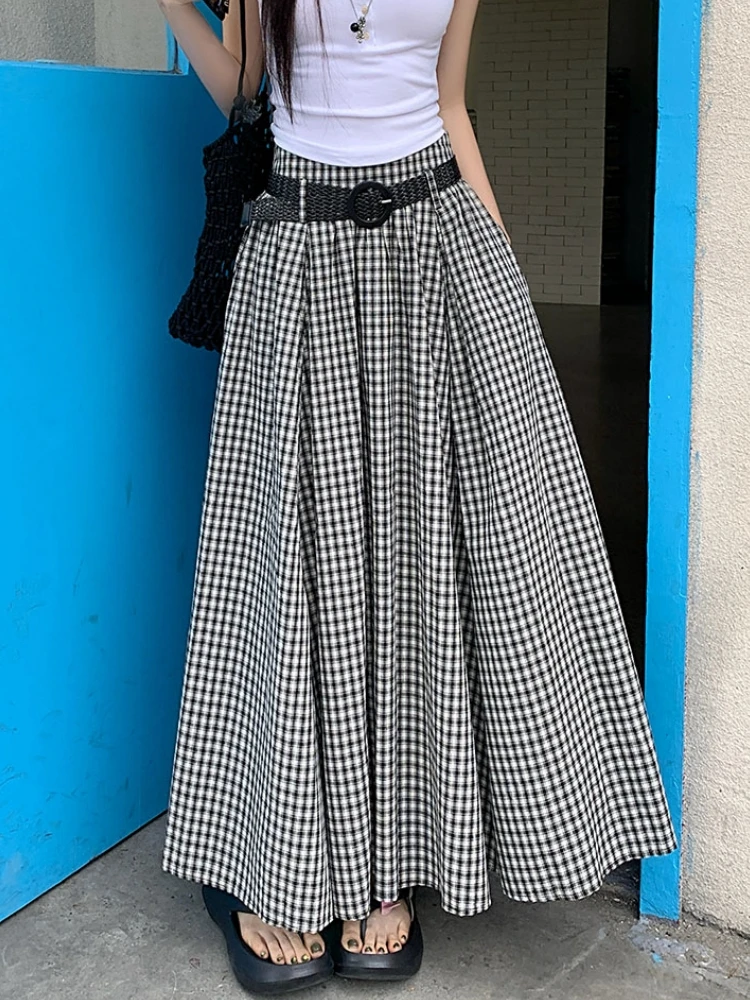 Midi Long Skirts Womens Maxi Skirt 2025 Spring Summer Black White Plaid Skirt Goth Vintage High Waist Ruffle Pleated Skirts rok