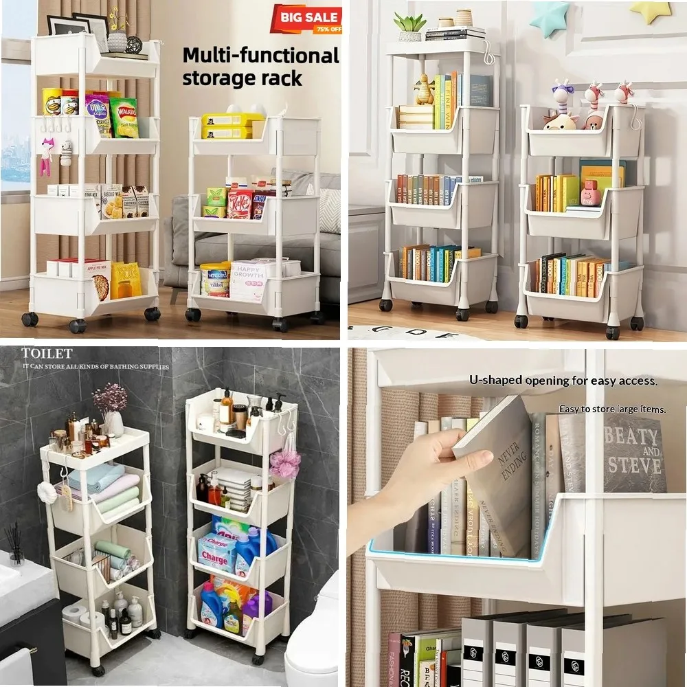 

5-Tier Storage Rack with Side Hooks, Movable Kids Toy Organizer & Kitchen Snack Shelf for Home Organization