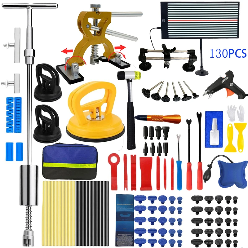 

2-в-1 T-образный набор инструментов для бескрасочного ремонта вмятин автомобиля, Регулируемый подъемник вмятин & Молоток-вытягиватель мостового типа, Профессиональный набор для ремонта вмятин кузова