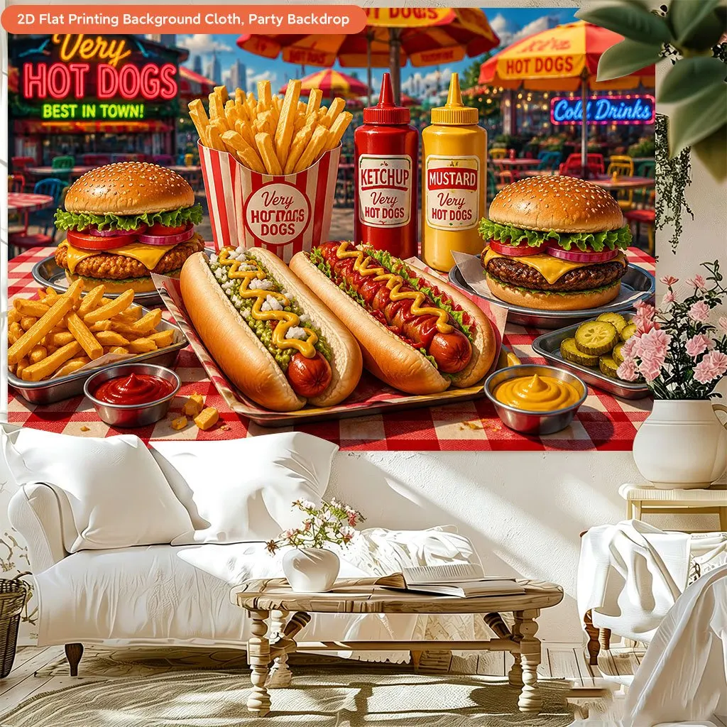 Vintage Hot Dog Burger Tapestry, Fast Food Wall Hanging, Retro Diner Kitchen Decor, American Snack Art, Restaurant Cafe Cloth