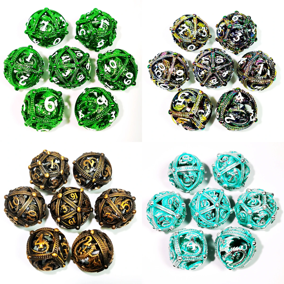"Set di dadi DnD in lega di zinco Sharp Edge - Dadi poliedrici verdi cavi in metallo da 7 pezzi per Dungeons & Dragons, giochi di ruolo"