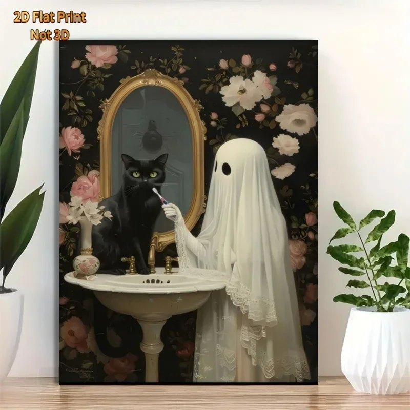 Ghost Brushes Black Cat's Teeth in Bathroom Poster Prints Halloween Art Canvas Painting Wall Art Picture Living Room Home Dec