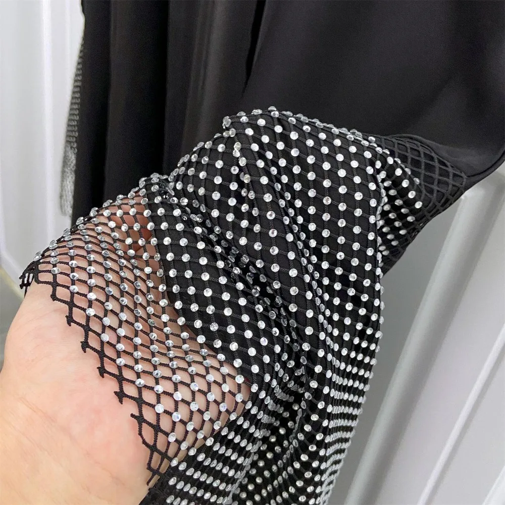 Muslim Out Abaya Kaftans Women Jilbabs Smocking Sleeve With Rhinestone Prayer Cardigan Coat Islamic Clothing Dubai Saudi Robe