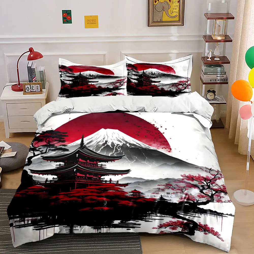 Japanese Ink painting style Mount Fuji Tower Print Soft Comfortable Duvet Cover Bedding Set Included 1*Duvet Cover 2*Pillowcases