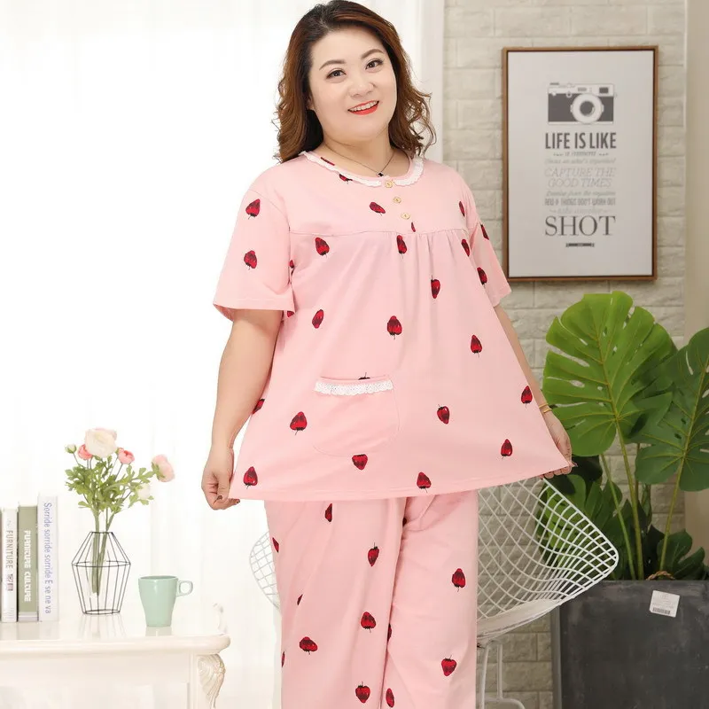 Kawaii cartoon short sleeve trousers pajamas sets women summer Plus size 5XL 100% cotton sleepwear pyjamas women 8880