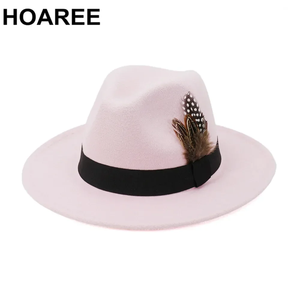 

Розовая винтажная фетровая шляпа-трилби с перьевой лентой, для женщин и мужчин, для церкви, с широкими полями, осенние джазовые кепки, красные, синие