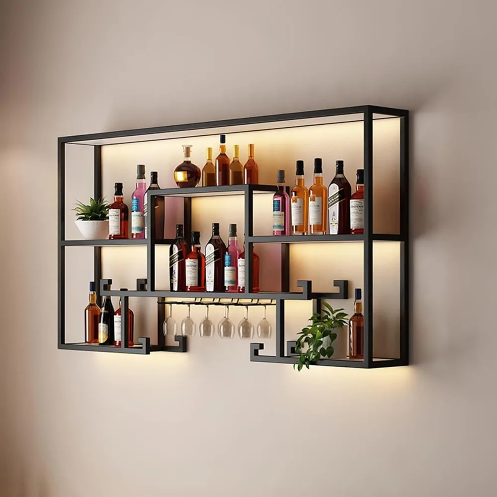 

Wall Mounted Wine Cabinet, Bar Wine Rack, Iron Bar Shelves with LED Light, with Hanging Wine Glass Rack Holder Bar Liquor Cabine
