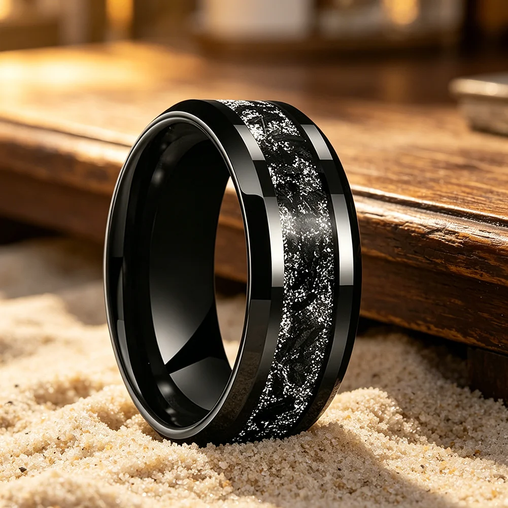 8mm schwarzer Titan-Chip-Inlay-Wolframcarbid-Ring, Verlobungs- und Eheringe für Männer und Frauen, abgeschrägter Modeschmuck, bequeme Passform – Detail 5