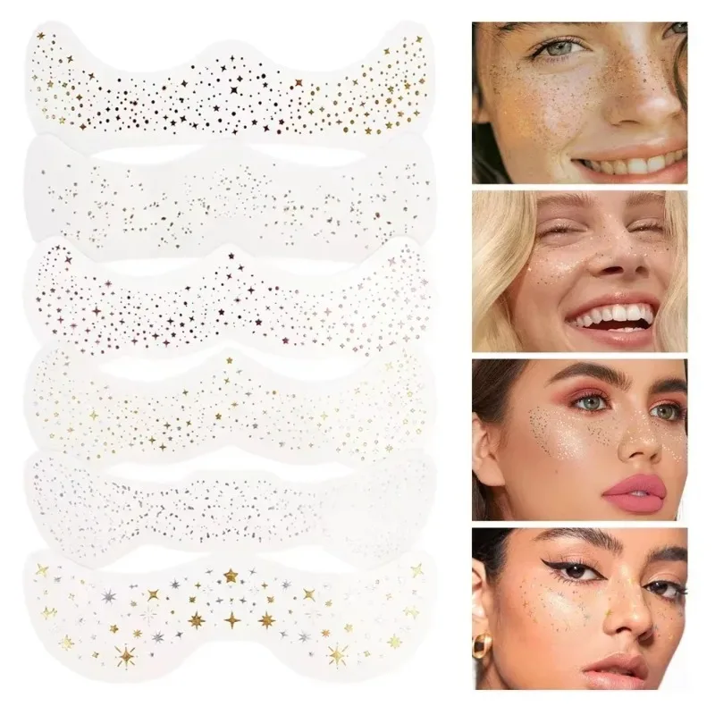 6pcs Hot Stamping Freckles Patches Metallic Radiation Glitter Golden Silver Fake Freckles Temporary Tattoo Stickers Face Makeup view 2