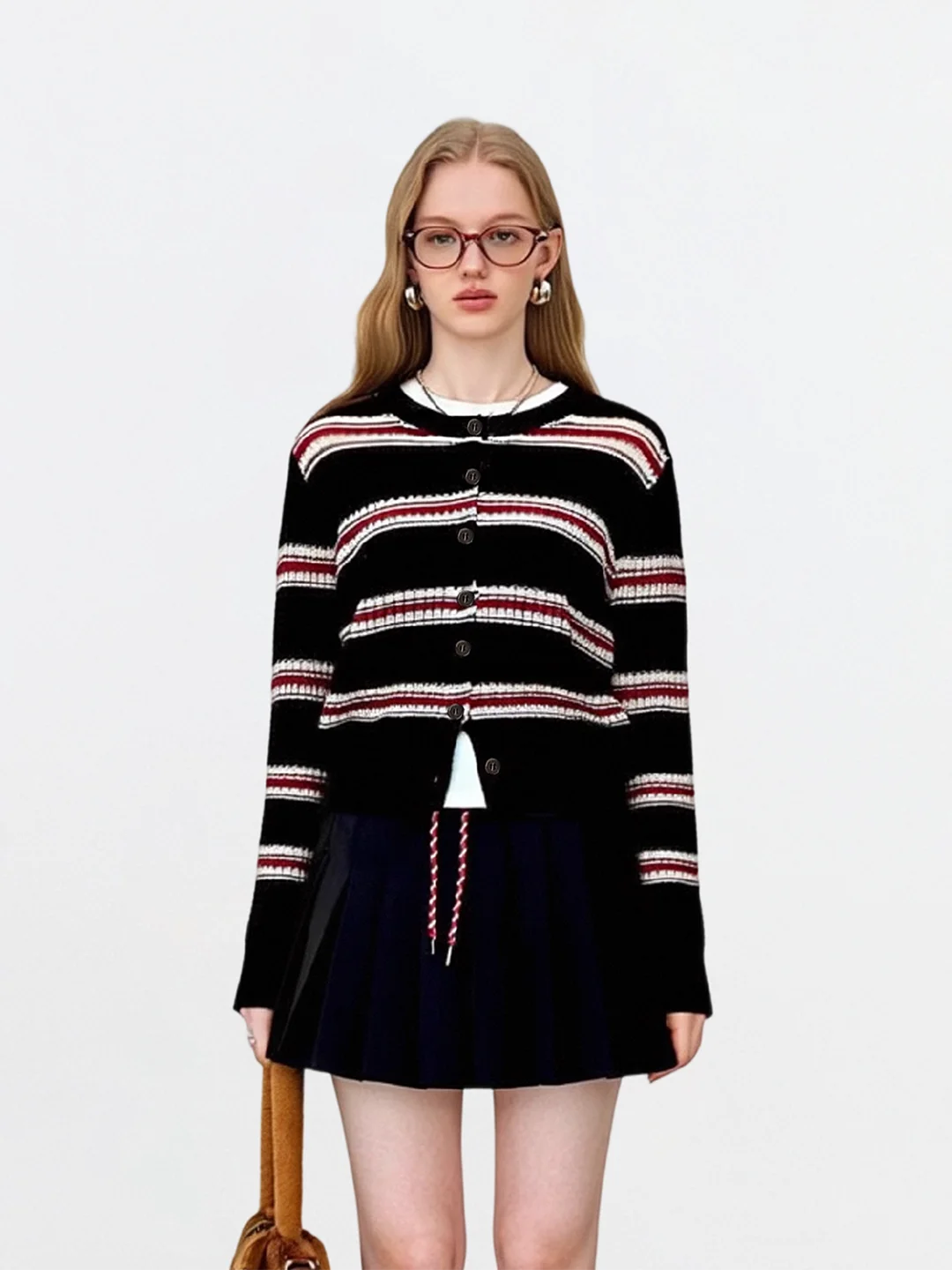 

AHMI Girl Sle Striped Design Knitted Open Cardigan Women's Spring Autumn Slim Fit Knitwear Soft round Ne Long Sve