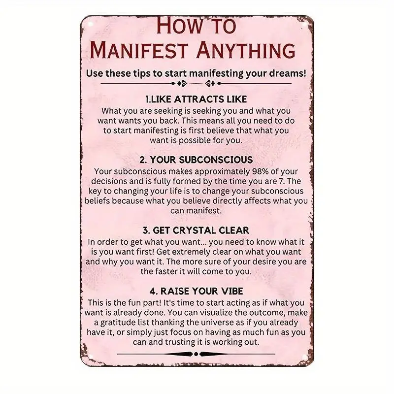 1pc Law of Attraction Metal Wall Sign - How to Manifest Anything - 30X20 cm Law of Attraction Board with Subconscious Mind Affir