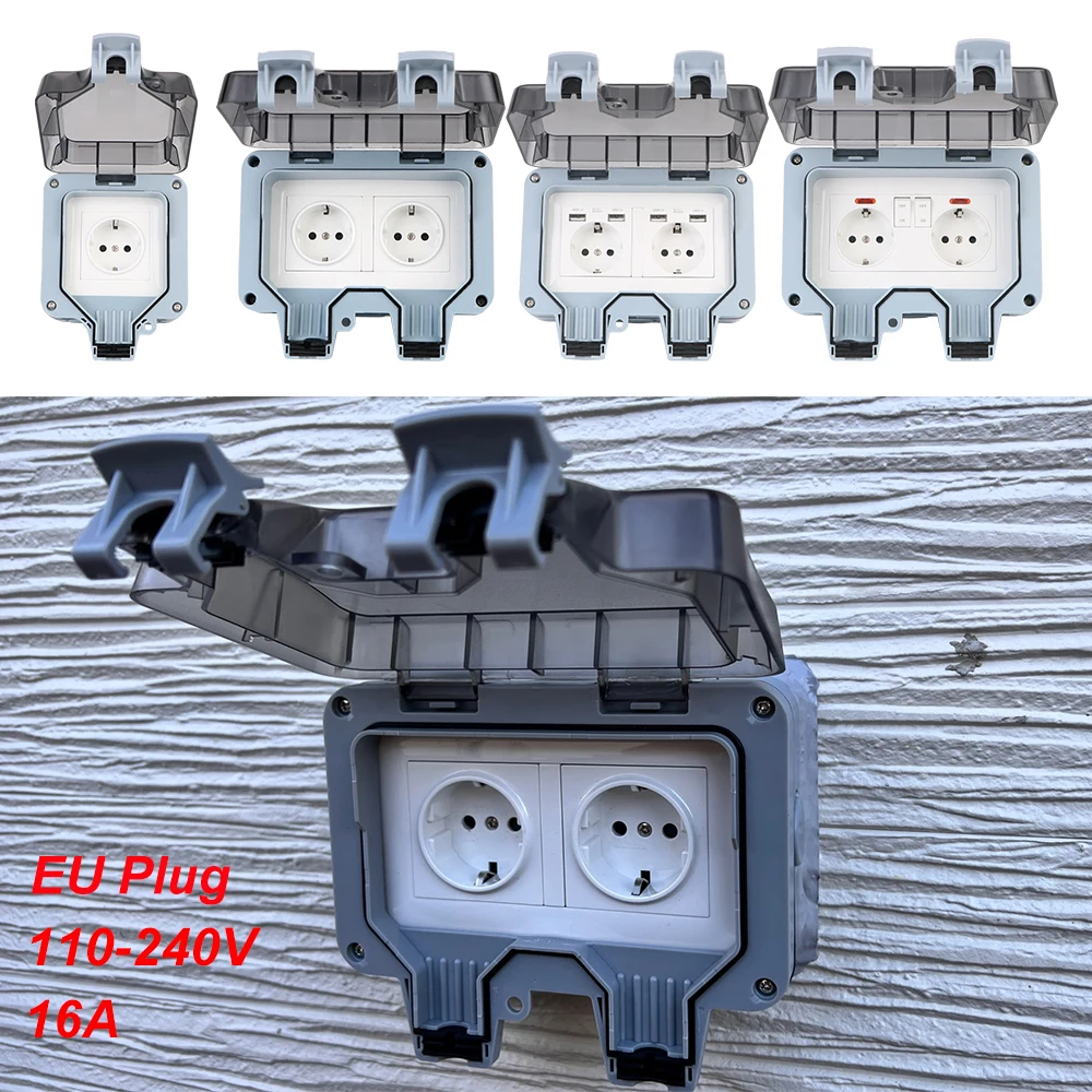 Power Supply Switch Socket 16A Double EU Socket AC 110~240V for Home& Garden Outdoor Wall Power Socket IP66 Weatherproof