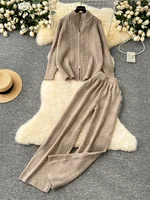 SINGREINY Women Thick Sweater Suits 2024 Zipper Design Loose Pullovers+Elastic Wide Legs Fashion Warm Knitted Two Pieces Sets
