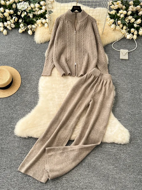 SINGREINY Women Thick Sweater Suits 2024 Zipper Design Loose Pullovers+Elastic Wide Legs Fashion Warm Knitted Two Pieces Sets