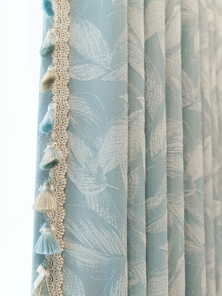 Blue Plant Jacquard Thickened Blackout Curtains for Living Room Bedroom French Window Study Customized Finished Window Screen