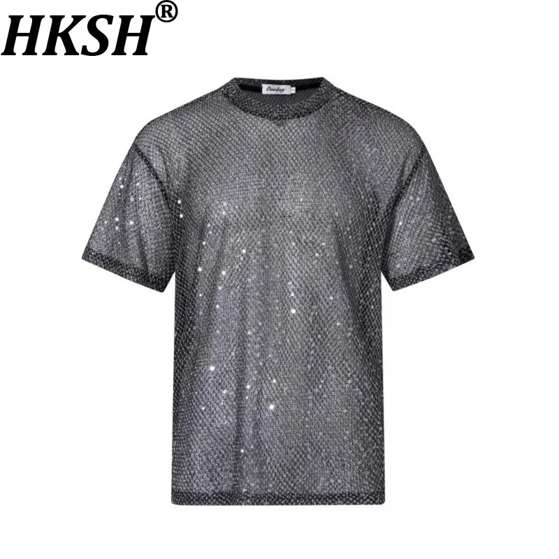 HKSH Summer New Men Tide Dark Gold Shimmering Niche Flirty Stylish Sheer Mesh Short Sleeve T-shirt Fashion Chic Ins Tees HK16893
