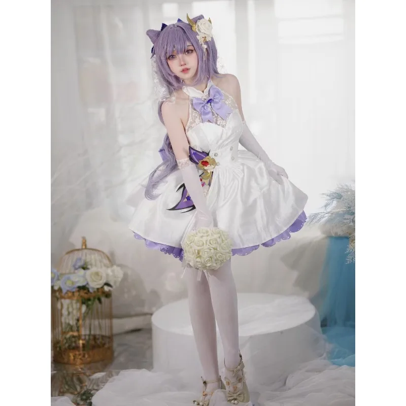 Keqing Bridal Lolita for Women Genshin Impact Cosplay Costume Cute White Dress Gloves Socks Wig Suit Comic-Con Roleplay Set view 3