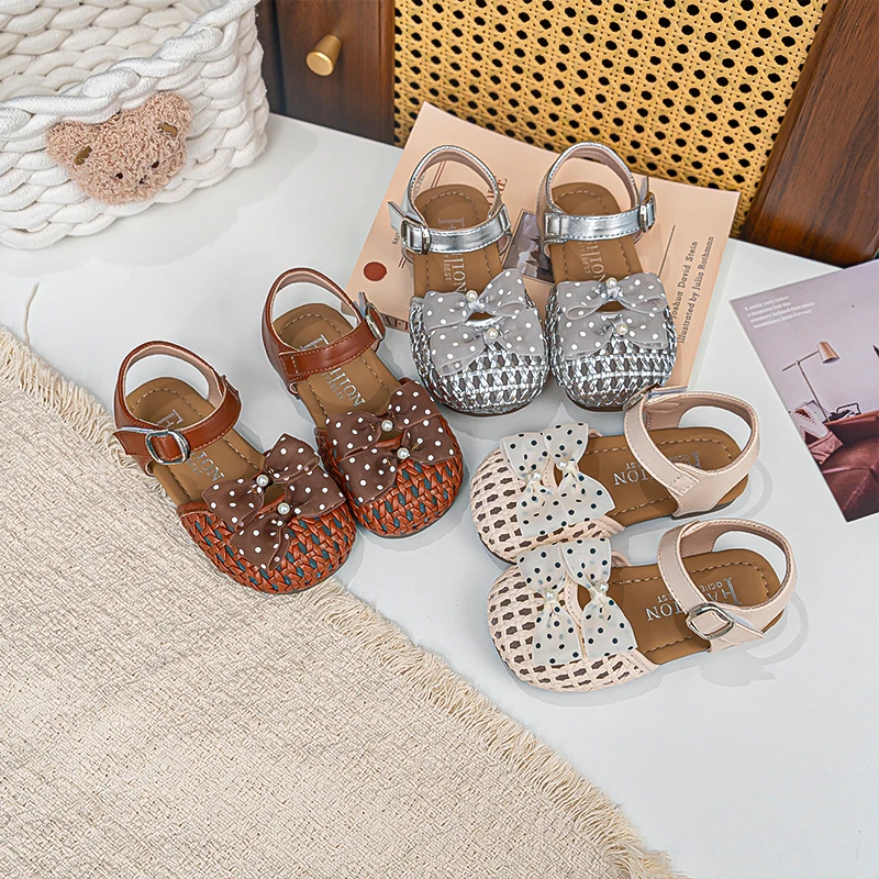 Mumoresip Girls Princess Shoes Weave Trendy Kids Beach Shoes with Sweet Polka Dots Bows 2026 Summer New Children Casual Fashion