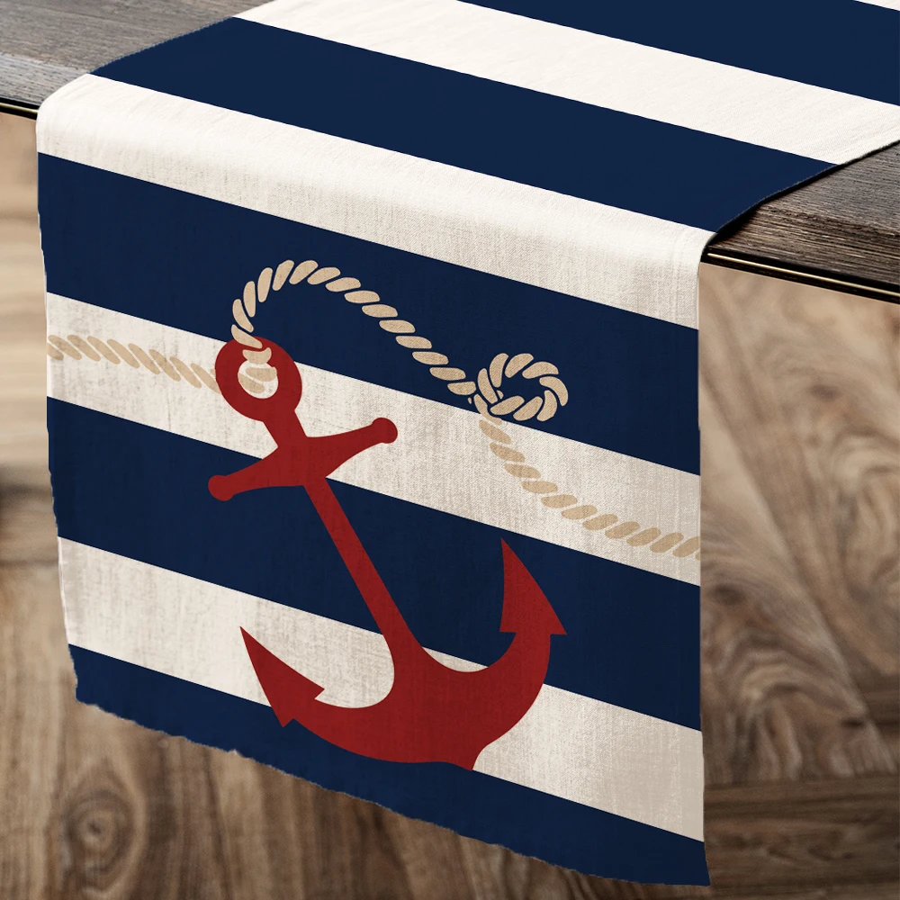 1pc Nautical Theme Table Runner Ocean Adventure Boat Anchor Compass Pattern Design Decorative Table Runner Kitchen Table Decor