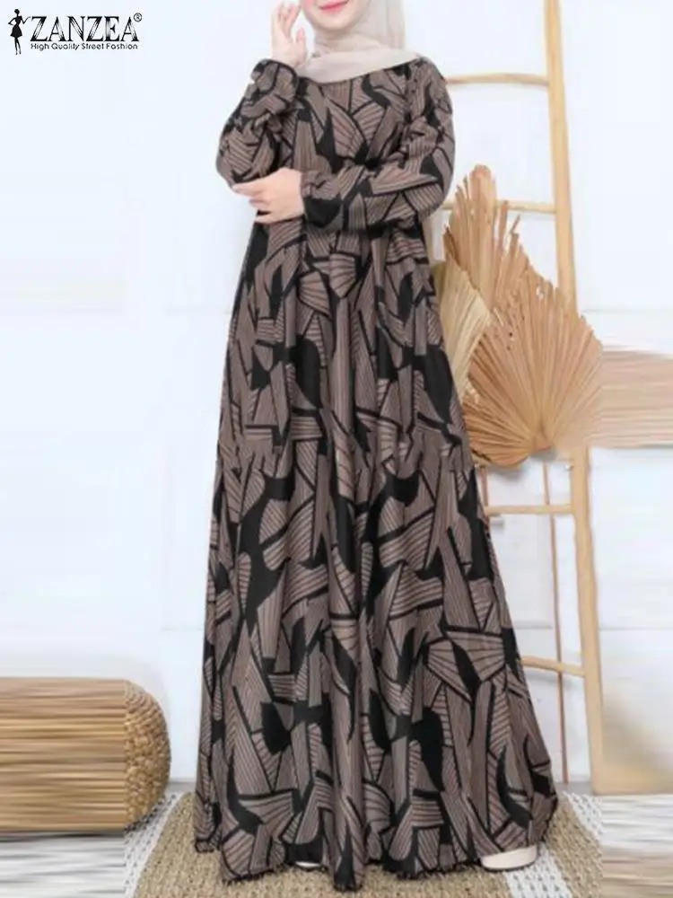 

ZANZEA Muslim Fashion Long Sleeve Abaya Maxi Dress Elegant Women Printing O Neck A-line Vestidos Casual Loose Long Robes Kaftan