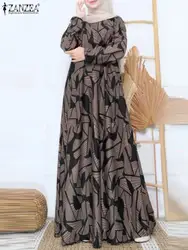 ZANZEA moda muzułmańska sukienka Abaya Maxi z długim rękawem elegancka damska z nadrukiem O dekoltem a-line Vestidos luźna długie szaty Kaftan