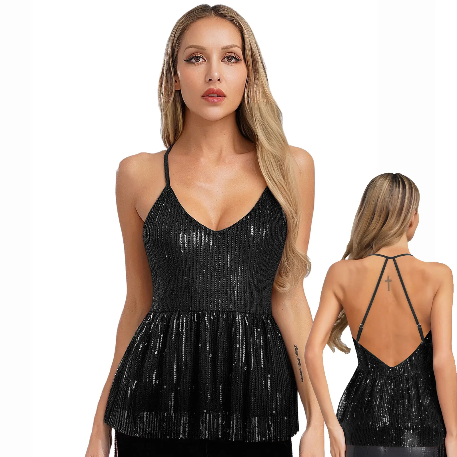 Sexy sem costas camisola sem mangas profundo decote em v colete glitter strass borla oco para fora tiras cami topo boate festa topos