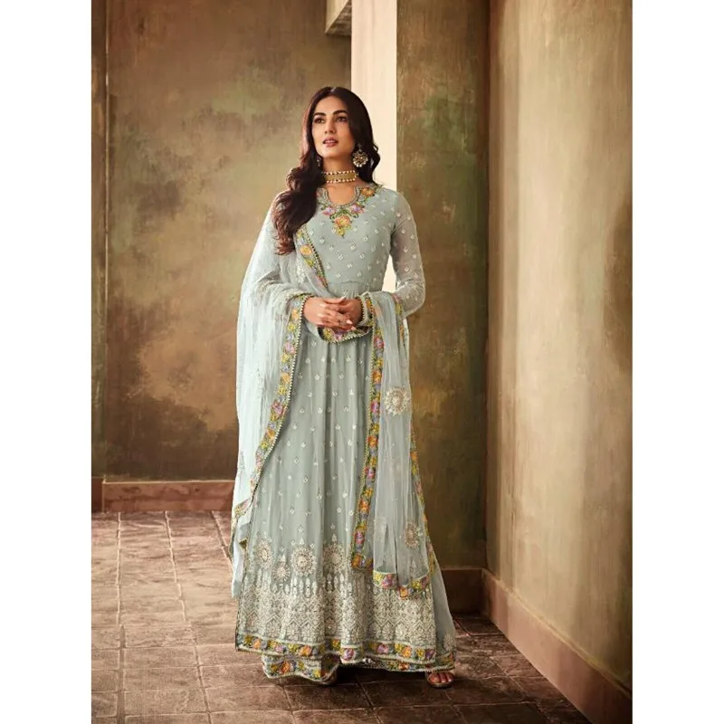 

Indian Pakistani Style Wedding Reception Wear Heavy Anarkali Long Flared Gown