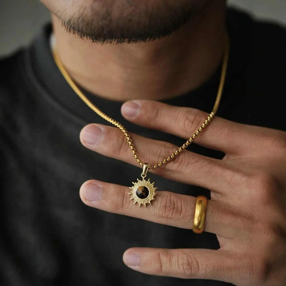 Retro-Sonnenblumen-Tigerauge-Anhänger-Halskette Hip-Hop Herren Lange Edelstahl-Pulloverkette Schmuck Mode-Accessoires – Detail 1
