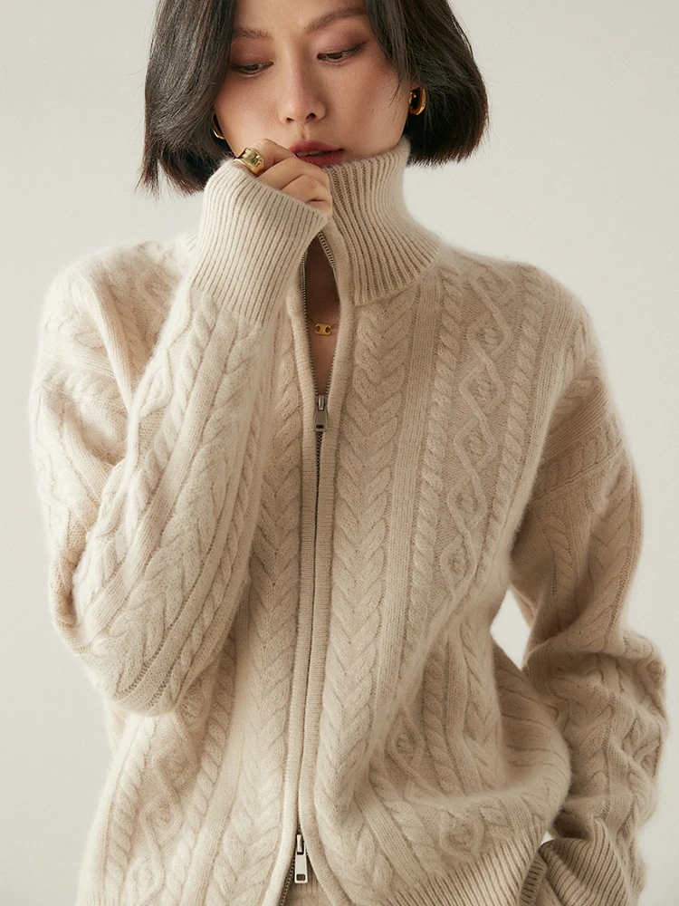 

TLOML Women's 100% Cashmere Sweater Thick Turtleneck Two-way Zipper Cardigan Autumn Winter Soft Warm Cashmere Knitted Comfy Coat