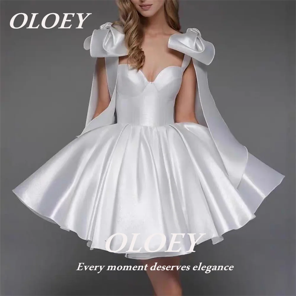 OLOEY Sexy Sweetheart Mini Prom Cocktail Dresses Ribbon Bow Sleeves Pleated Satin Evening Dress Customized Wedding Party Dress