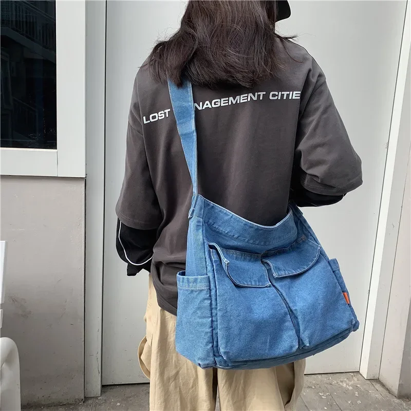 Bolsa de lona crossbody feminina 2024 nova grande capacidade ombro casual denim literatura japonesa e arte estudante classe saco