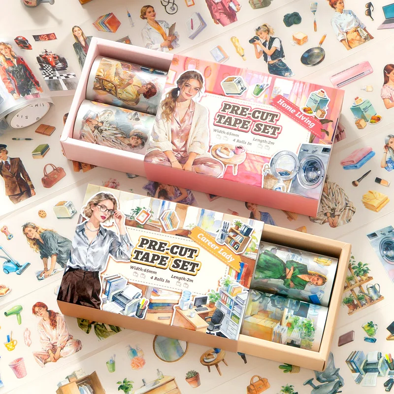 PET Pre‑cut Character Washi Tape Gift Set, Modern Women Daily‑life Transparent Tape for Junk Journal Hand‑made Crafts