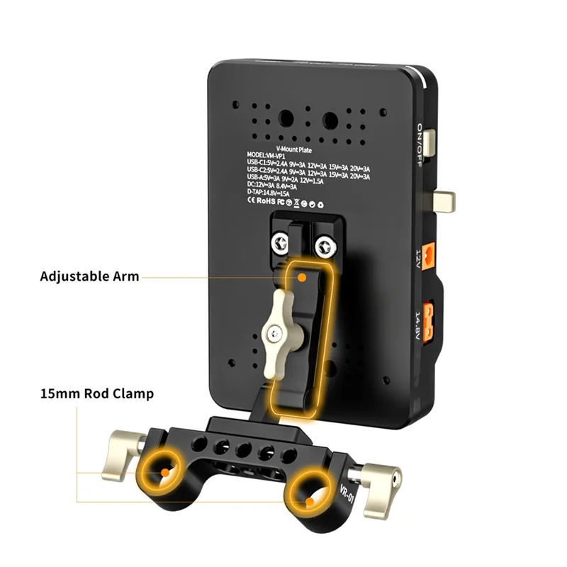 A73E-VP1 V-Mount Plate With PD 14.8V, 15MM Rod Clamp, Standard V Battery V-Lock Plate Adapter For Professional Videography