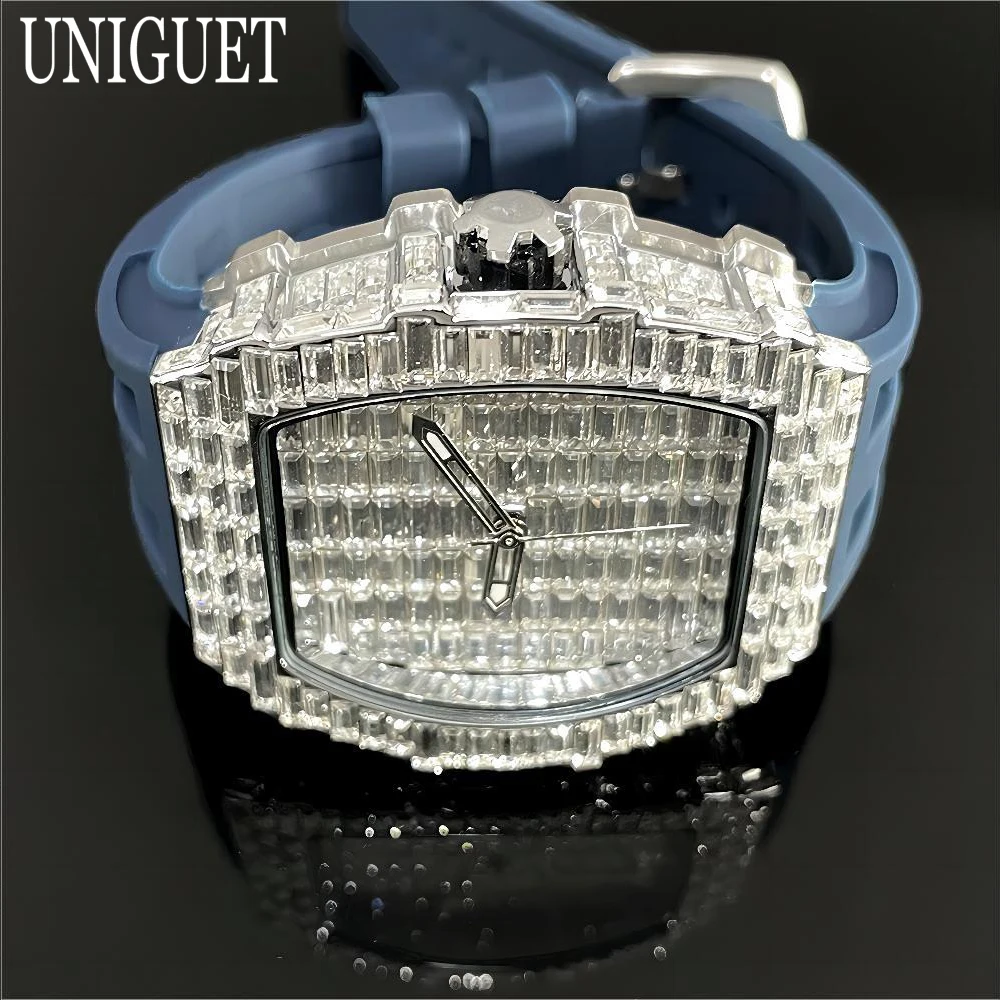 2024 New Iced Watch For Men Brand UNIGUET Lxuxry Steel Quartz Watch Hip Hop Baguette Diamond Tonneau Wristwatch Man Dropshipping