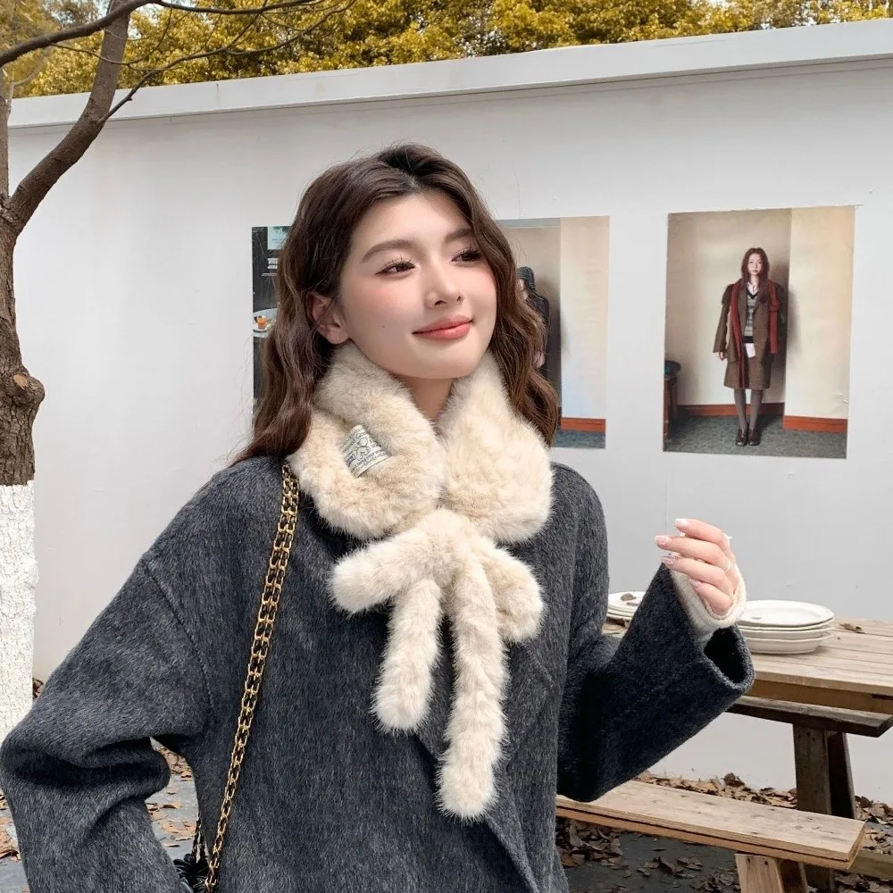 Sweet Thickened Warm Faux Fur Scarf Lace-up Pure Color Women's Winter Scarf Furry Soft Neck Warmer Scarf Winter
