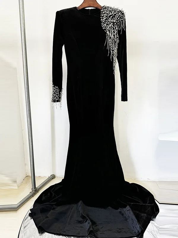 Ele Long Bla Fi Tail Dr round Ne Beaded Wrap Women's Faionable Slimming Gown Vintage Sle Evening Gown