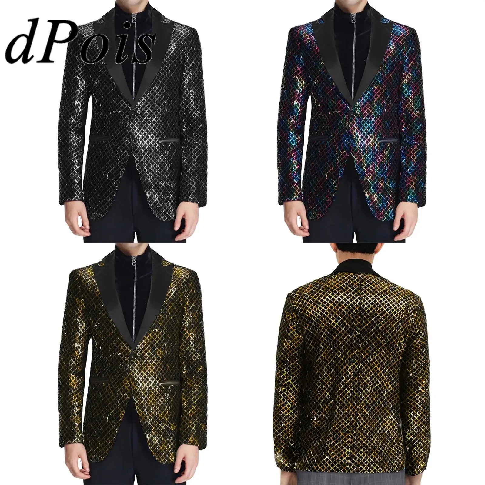 

Men Long Sleeve Lapel Blazers One Button Sparkly Sequin Coat Suit Jacket for Party Festival Club Formal Occasions Dress Tuxedo