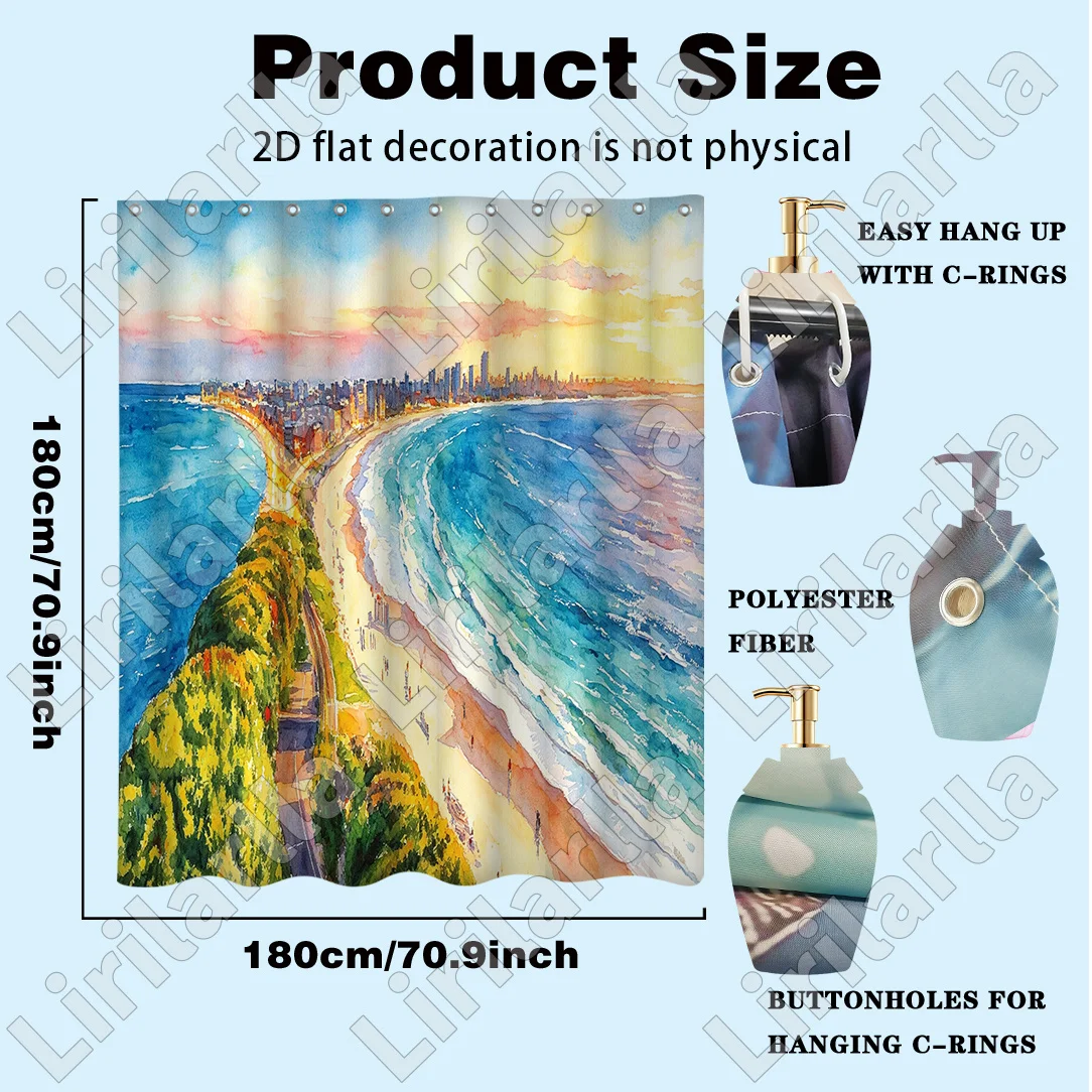 Vibrant Coastal Seascape Shower Curtain Tropical Ocean Beach View Waterproof Polyester Bathroom Decoration Curtain