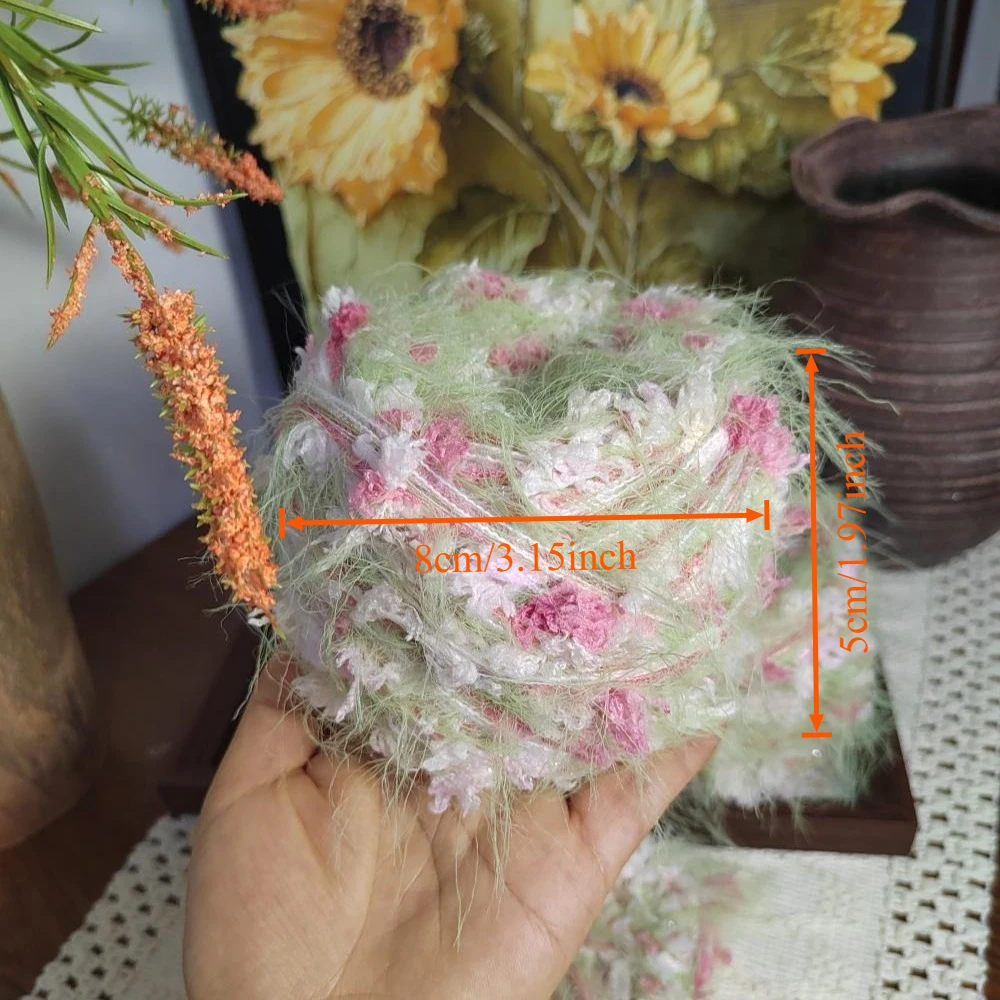 Pink Green Flowered Long-Fiber Handmade Mixed Yarn, 50g DIY Crochet Bag Hairband Scarf Specialty Blended Wool