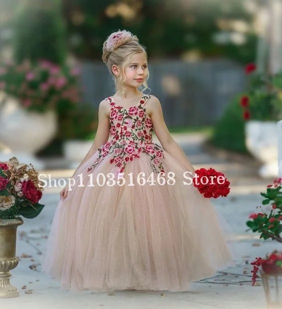 Mexico Cute Mini Quinceanera Dresses 2024 Elegant Floral Embroidered Lace Poncho Khaki Flower Girl Dresses vestidos de festa