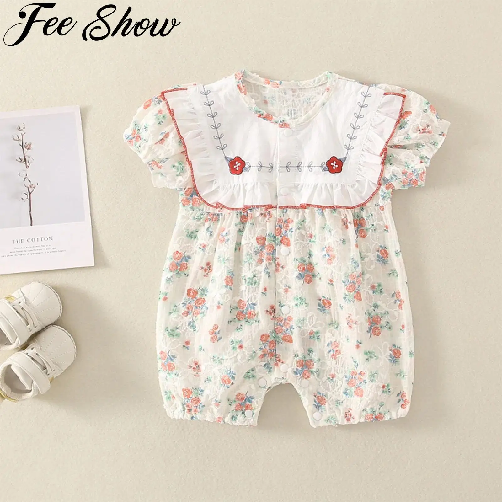 

Baby Girls Casual Sweet Summer Rompers Short Sleeve Button Floral Print Jumpsuit Infant Clothes Outfits Holiday Party Daily Wear
