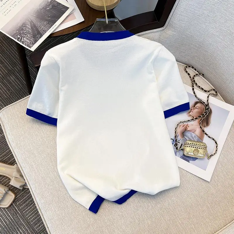 Women Stylish Casual Contrast Color Rhinestone Ice Silk Knitted T-shirt Summer Elegant Chic O Neck Short Sleeve Loose Basic Tops