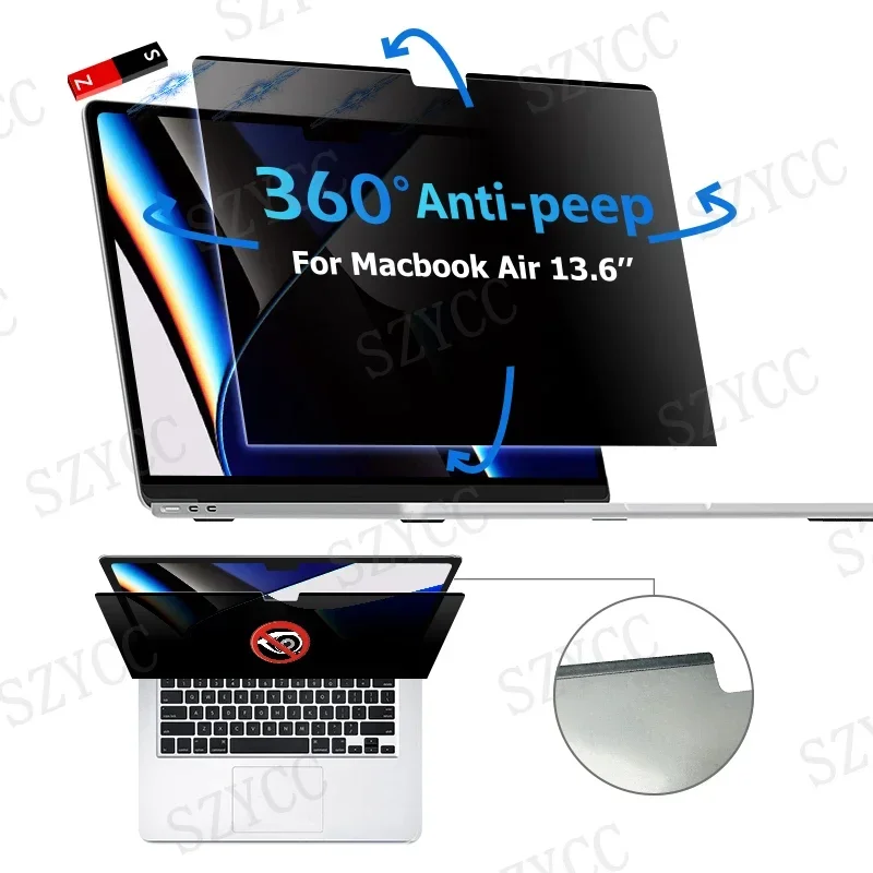 360 Degree 4 Way Anti Spy Removable Magnetic Privacy Screen Filter For MacBook Air 13.6 Blue Light Block Screen Protector Film